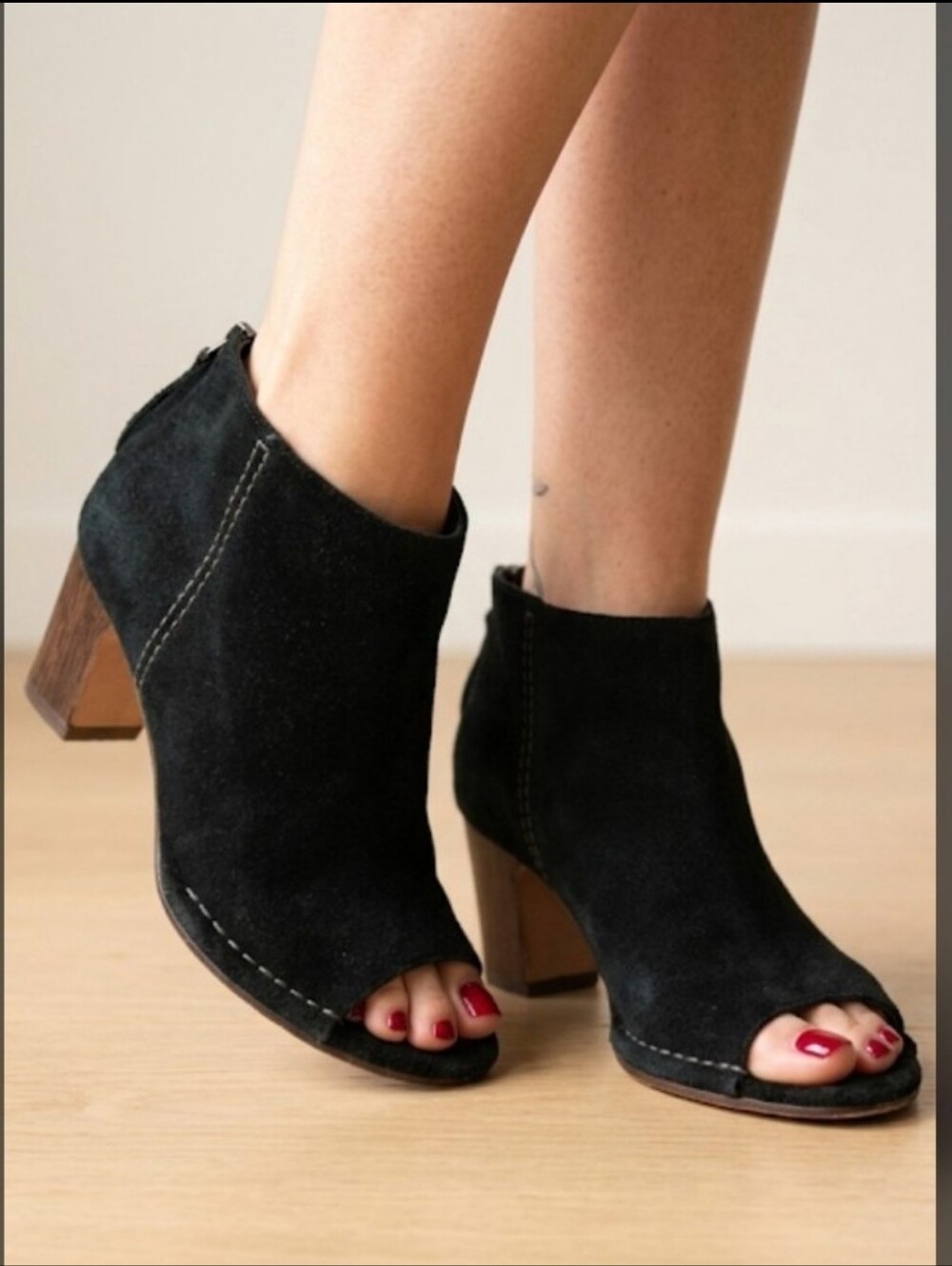 Clarks Black Suede Peep-Toe Block Heel Ankle Booties